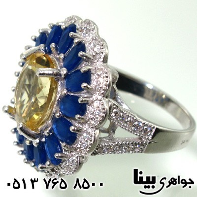 انگشتر سیترین درشت و یاقوت کبود اشرافی زنانه