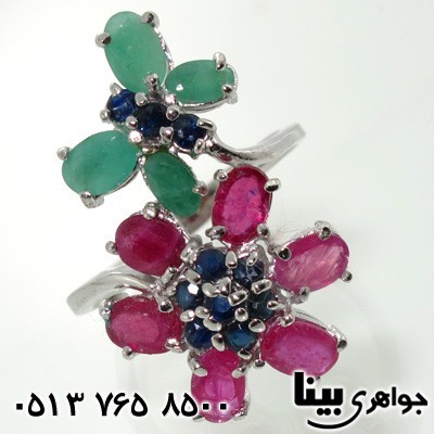 انگشتر چند جواهر طرح گل و پروانه مرغوب زنانه