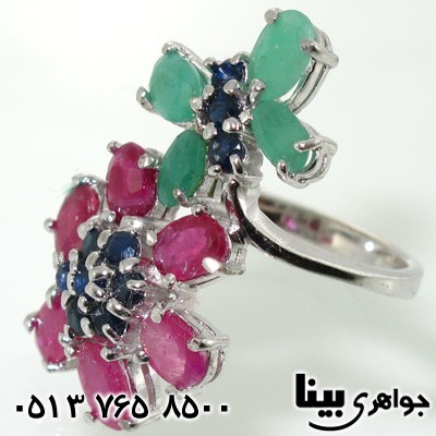 انگشتر چند جواهر طرح گل و پروانه مرغوب زنانه