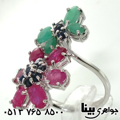 انگشتر چند جواهر طرح گل و پروانه مرغوب زنانه
