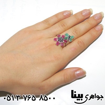 انگشتر چند جواهر طرح گل و پروانه مرغوب زنانه
