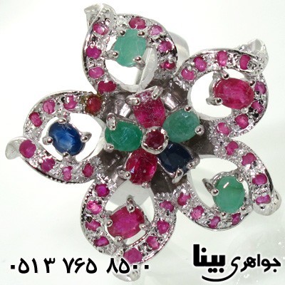 انگشتر چند جواهر یاقوت کبود و یاقوت سرخ و زمرد گل ارکیده