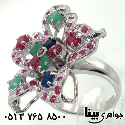انگشتر چند جواهر یاقوت کبود و یاقوت سرخ و زمرد گل ارکیده