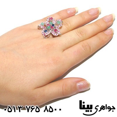 انگشتر چند جواهر یاقوت کبود و یاقوت سرخ و زمرد گل ارکیده