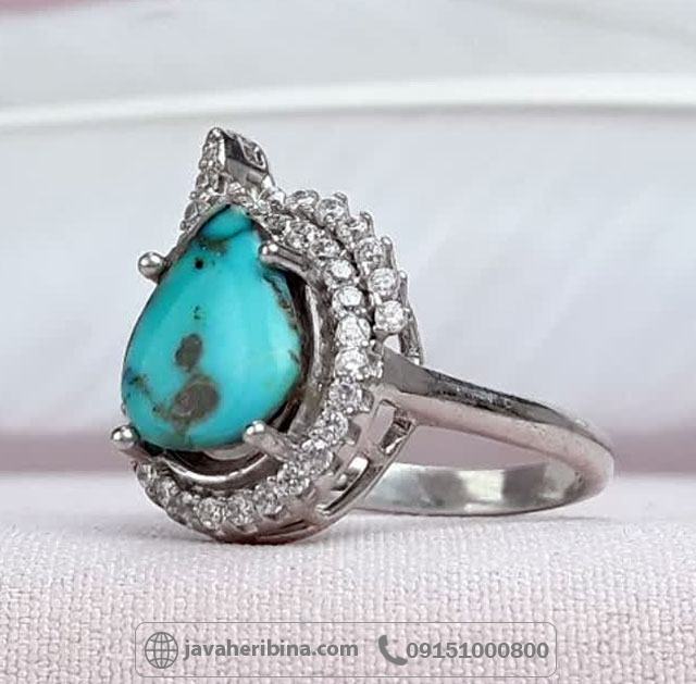 انگشتر فیروزه نیشابوری رودیوم خاص و خوشرنگ _کد:35104