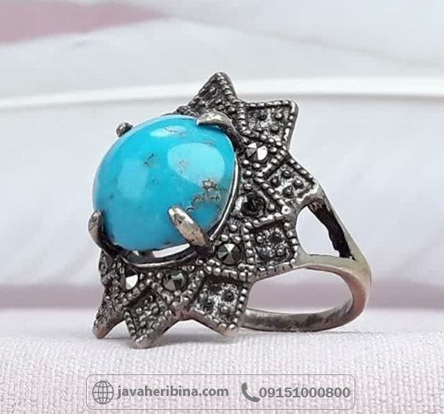 انگشتر فیروزه نیشابوری رودیوم خاص و خوشرنگ _کد:35110