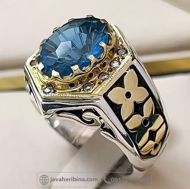 انگشتر توپاز سوئیسی درجه یک فاخر همراه 10 قطعه الماس _کد:35141