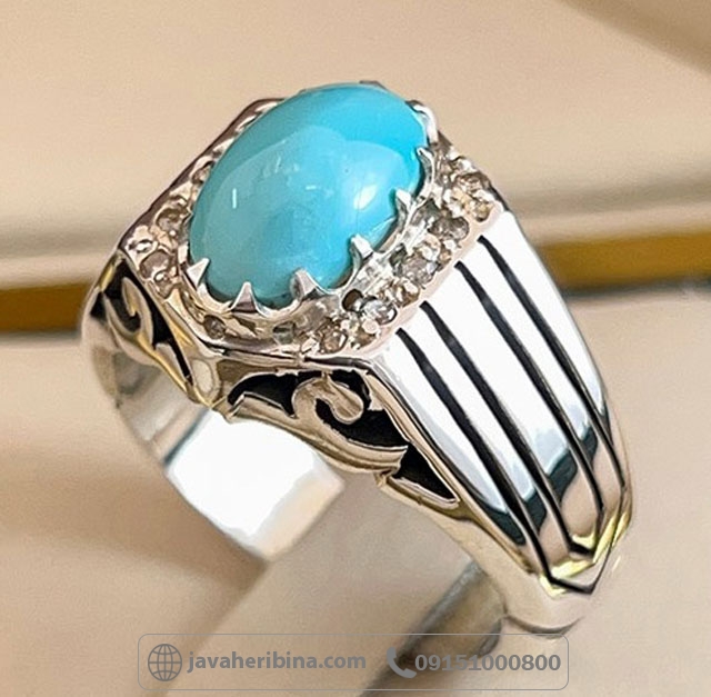 انگشتر فیروزه نیشابوری عجمی فاخر با 10 قطعه الماس _کد:35144