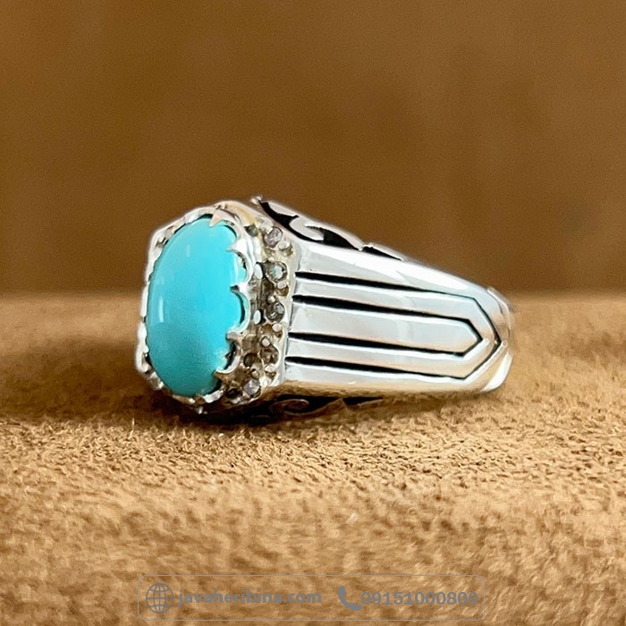 انگشتر فیروزه نیشابوری عجمی فاخر با 10 قطعه الماس _کد:35144