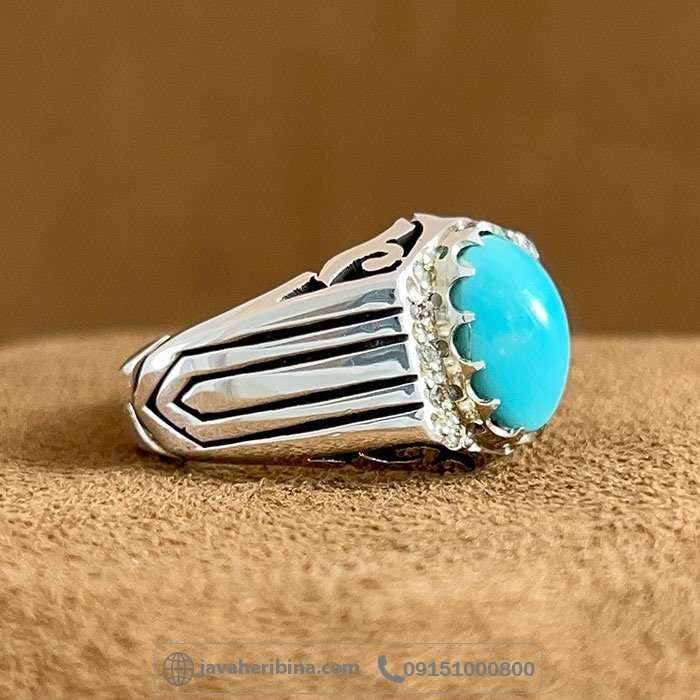 انگشتر فیروزه نیشابوری عجمی فاخر با 10 قطعه الماس _کد:35144