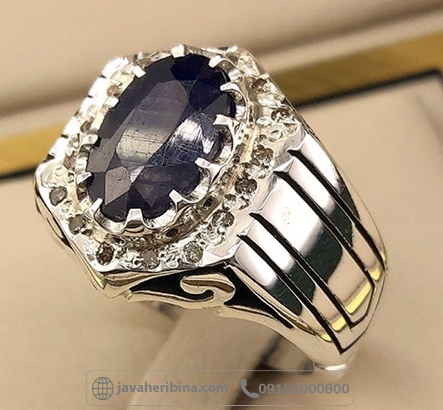 انگشتر یاقوت کبود با مخراج 16 قطعه الماس _کد:35148