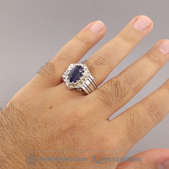 انگشتر یاقوت کبود با مخراج 16 قطعه الماس _کد:35148