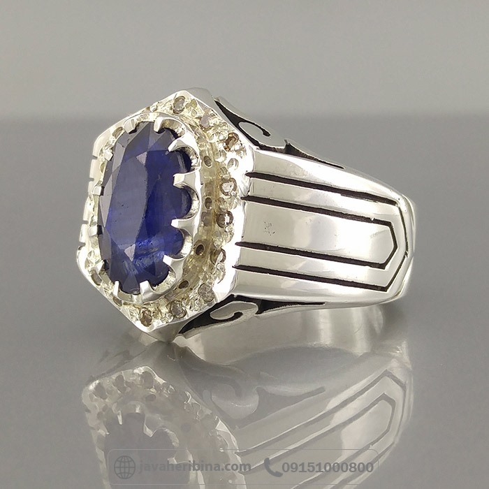 انگشتر یاقوت کبود با مخراج 16 قطعه الماس _کد:35148