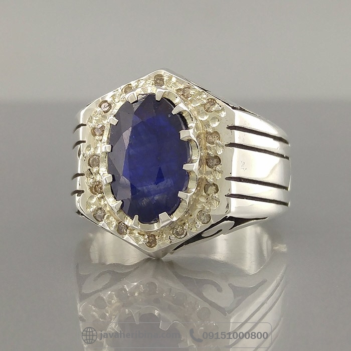 انگشتر یاقوت کبود با مخراج 16 قطعه الماس _کد:35148