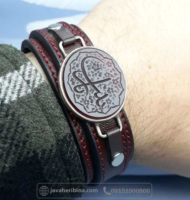 دستبند عقیق باقاب نقره دستساز و بندچرممی و حکاکی یا زینب _کد:35228