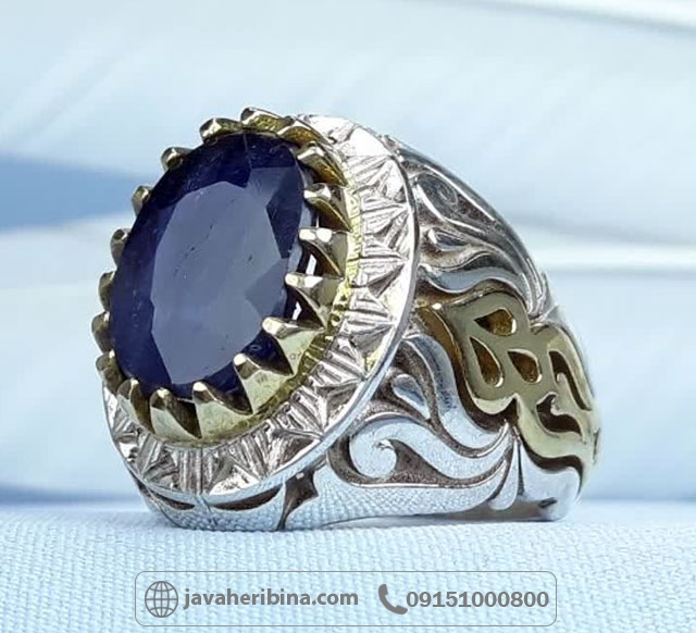 انگشتر یاقوت کبود نقره فاخر مردانه تاج برنجی _کد:35235