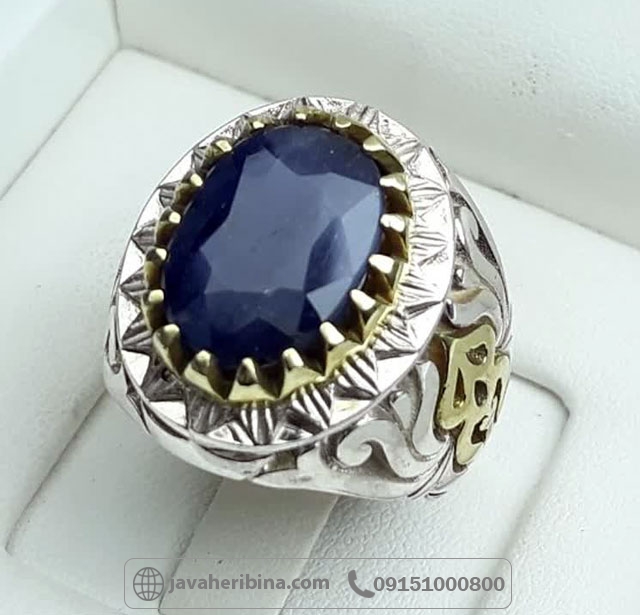 انگشتر یاقوت کبود نقره فاخر مردانه تاج برنجی _کد:35235