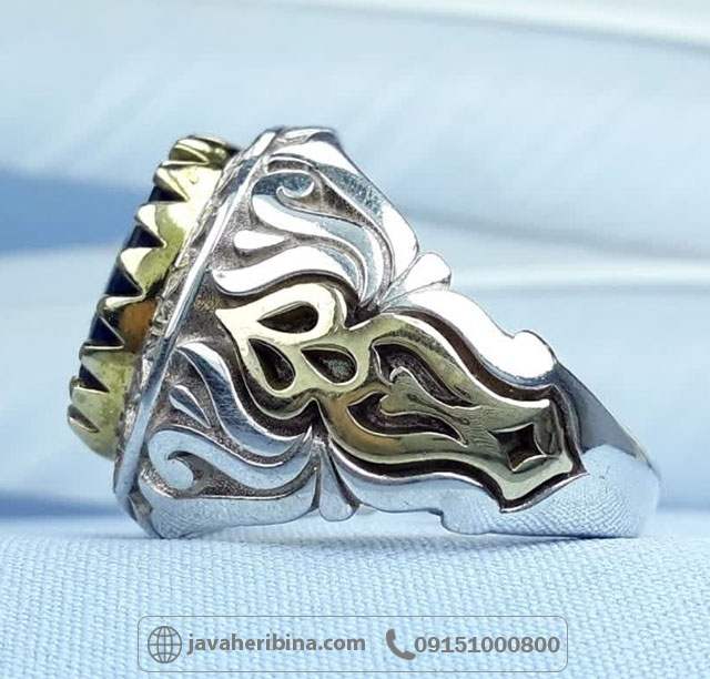 انگشتر یاقوت کبود نقره فاخر مردانه تاج برنجی _کد:35235