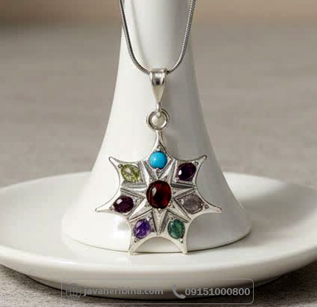 گردنبند چند جواهر نقره طرح خورشید بدون زنجیر _کد:35276