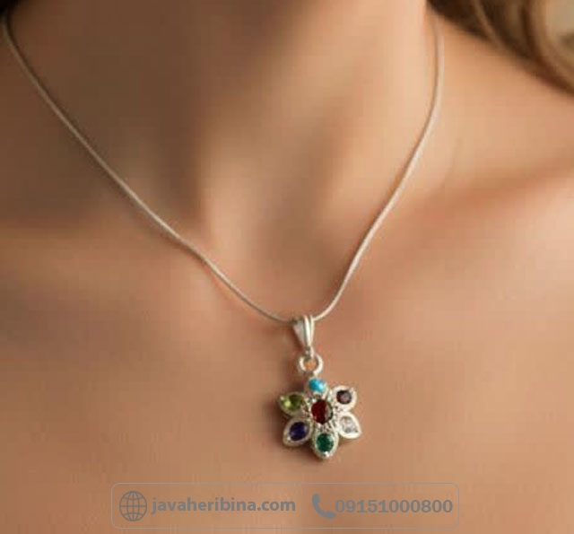 گردنبند چند جواهر نقره طرح گل بدون زنجیر _کد:35278