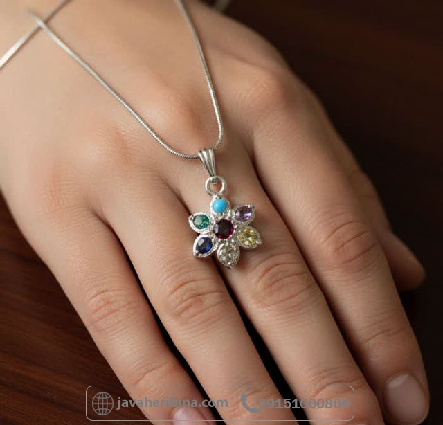 گردنبند چند جواهر نقره طرح گل بدون زنجیر _کد:35278