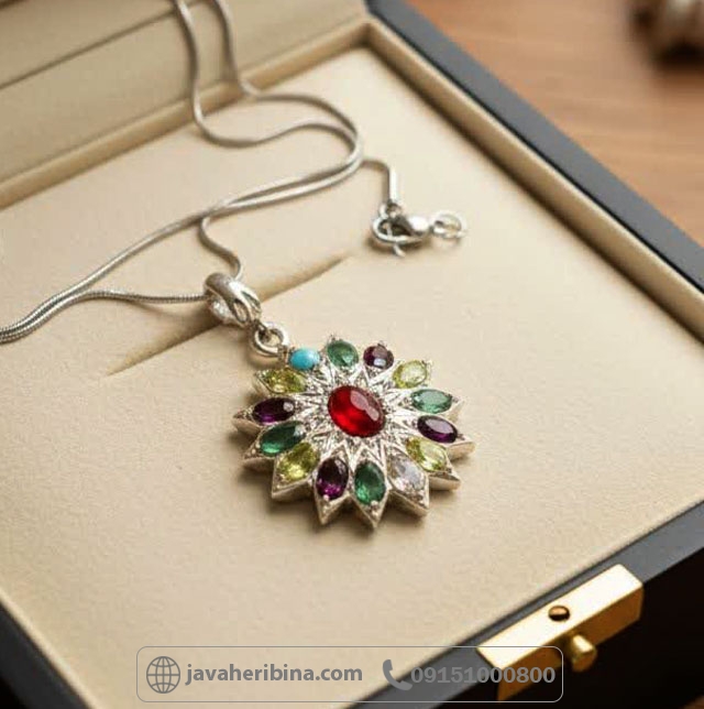 گردنبند چند جواهر نقره طرح خورشید درشت و زیبا _کد:35279