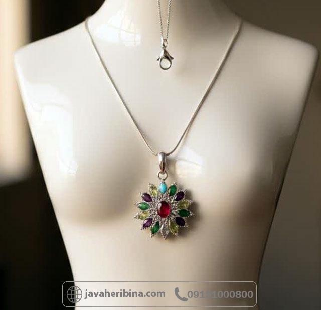 گردنبند چند جواهر نقره طرح خورشید درشت و زیبا _کد:35279