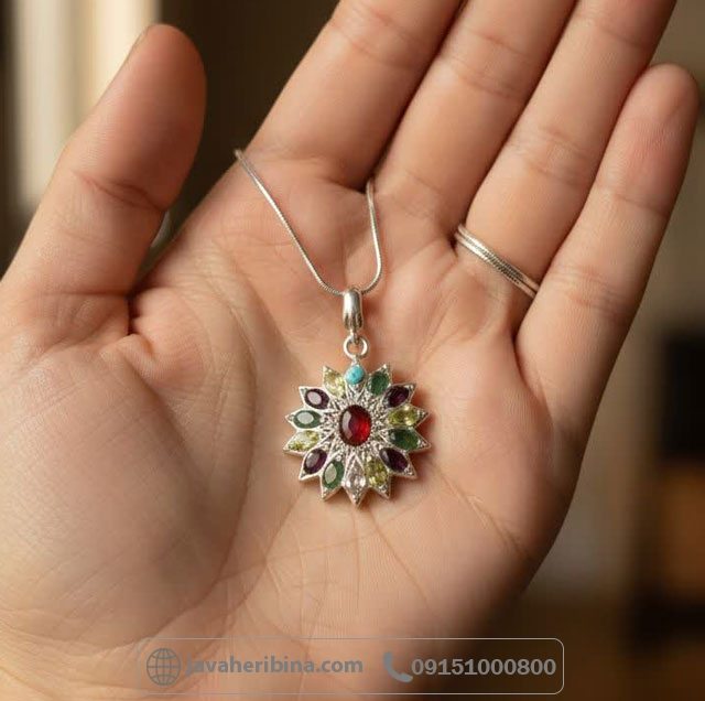 گردنبند چند جواهر نقره طرح خورشید درشت و زیبا _کد:35279