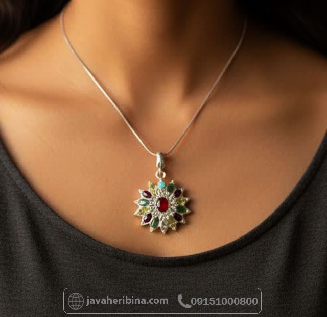 گردنبند چند جواهر نقره طرح خورشید درشت و زیبا _کد:35279