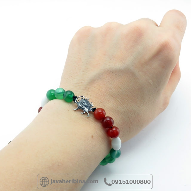 دستبند نقره شیر و خورشید با سنگ عقیق و آونتورین و چشم گربه _کد:35281