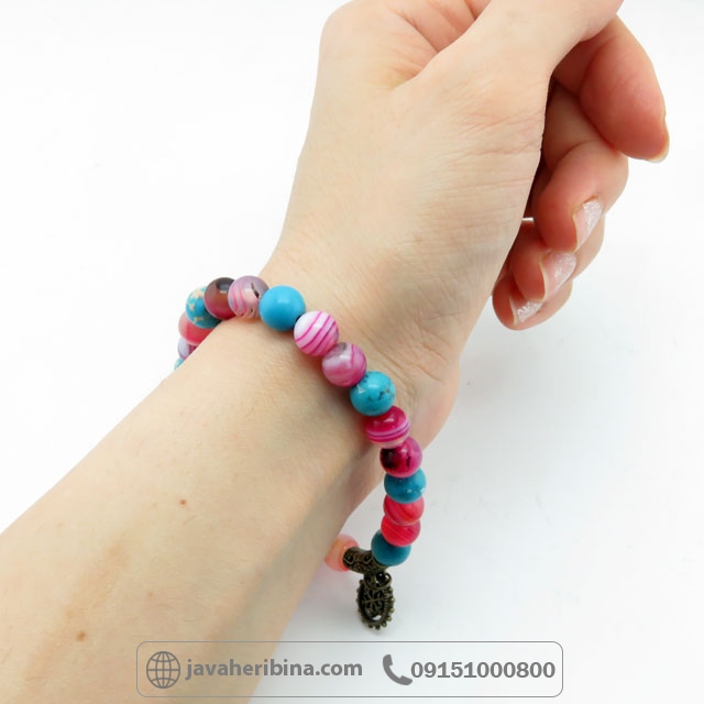 دستبند چند جواهر مهره ای  فیروزه و عقیق صورتی _کد:35357