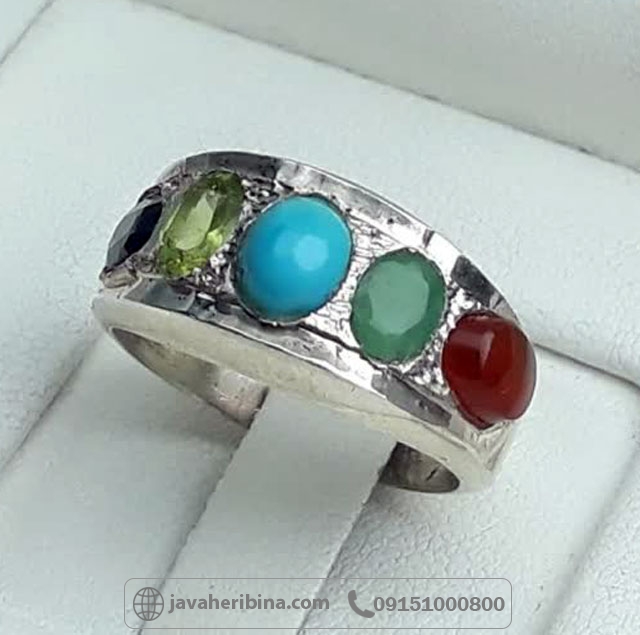 انگشتر چند جواهر نقره مردانه با فیروزه نیشابوری و عقیق یمنی _کد:35488