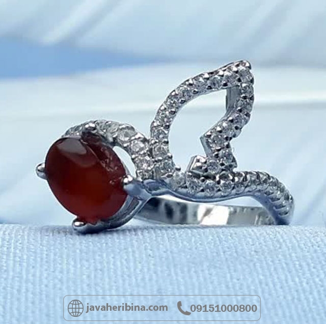انگشتر عقیق یمنی سرخ نقره زنانه طرح پروانه _کد:35500