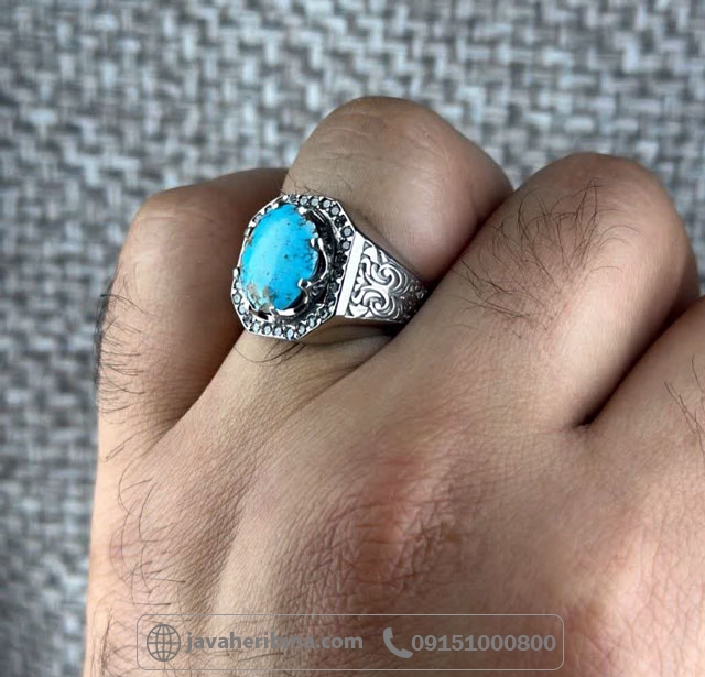 انگشتر فیروزه نیشابوری نقره مردانه رودیوم _کد:35506