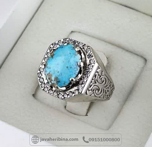 انگشتر فیروزه نیشابوری نقره مردانه رودیوم _کد:35506