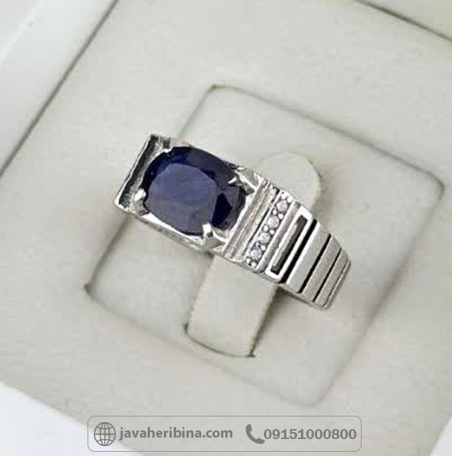 انگشتر یاقوت کبود نقره مردانه رودیوم _کد:35509