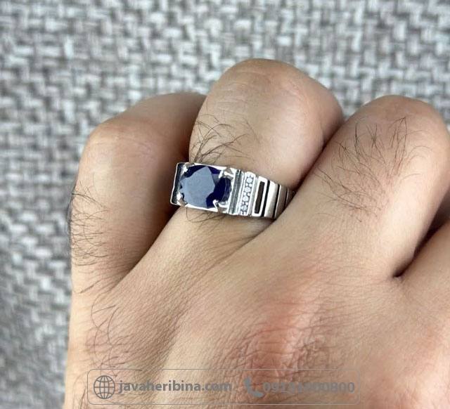 انگشتر یاقوت کبود نقره مردانه رودیوم _کد:35509