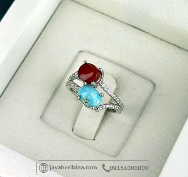 انگشتر چند جواهر فیروزه نیشابور و عقیق یمنی زنانه _کد:35542