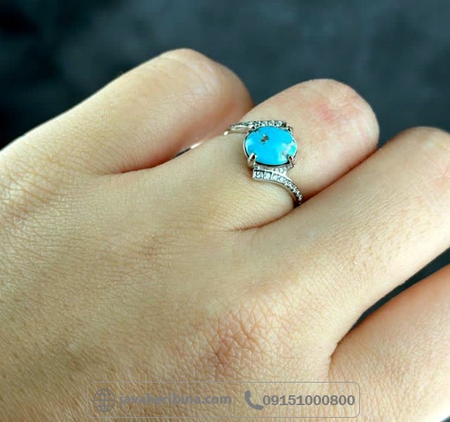 انگشتر فیروزه نیشابوری رودیوم زنانه _کد:35543