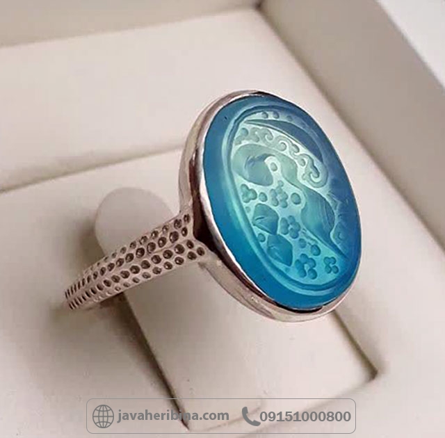 انگشتر عقیق آبی دورنگ با حکاکی یا رقیه _کد:35610