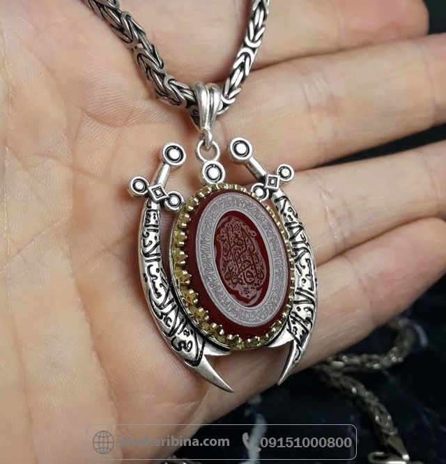 گردنبند عقیق قرمز نقره طرح شمشیر ذوالفقار با حکاکی لیزری بدون زنجیر _کد:35612