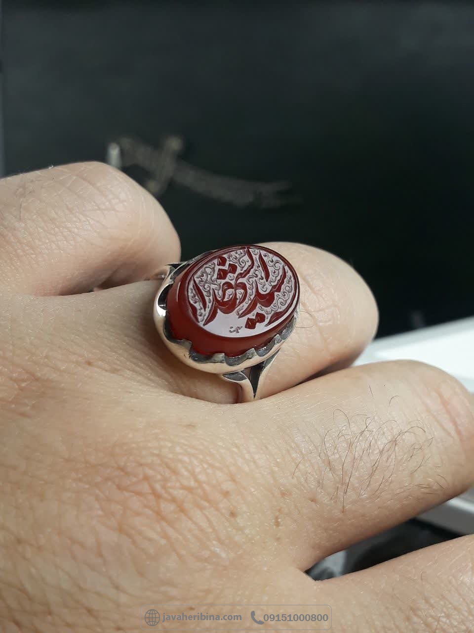 انگشتر عقیق قرمز نقره مردانه با حکاکی یا سیدالشهدا _کد:35616