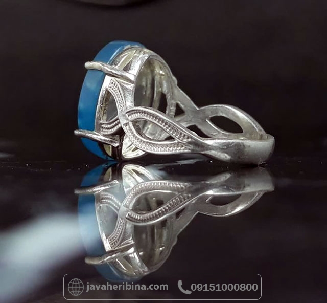انگشتر عقیق آبی دورنگ نقره زنانه با حکاکی یا علی _کد:35620