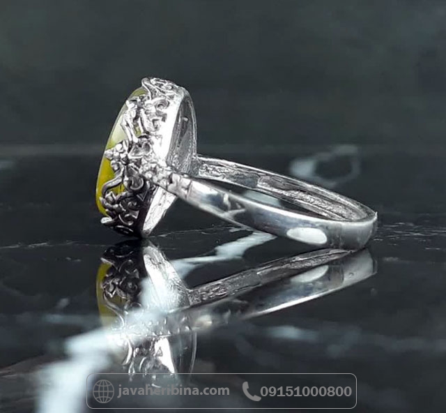 انگشتر عقیق زرد دو رنگ نقره زنانه با حکاکی علی _کد:35640