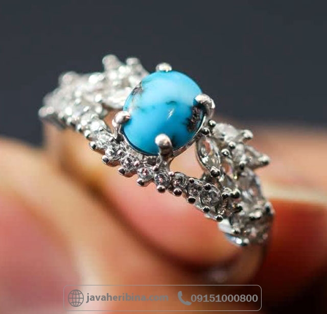 انگشتر فیروزه نیشابوری نقره زنانه با روکش رودیوم _کد:35672