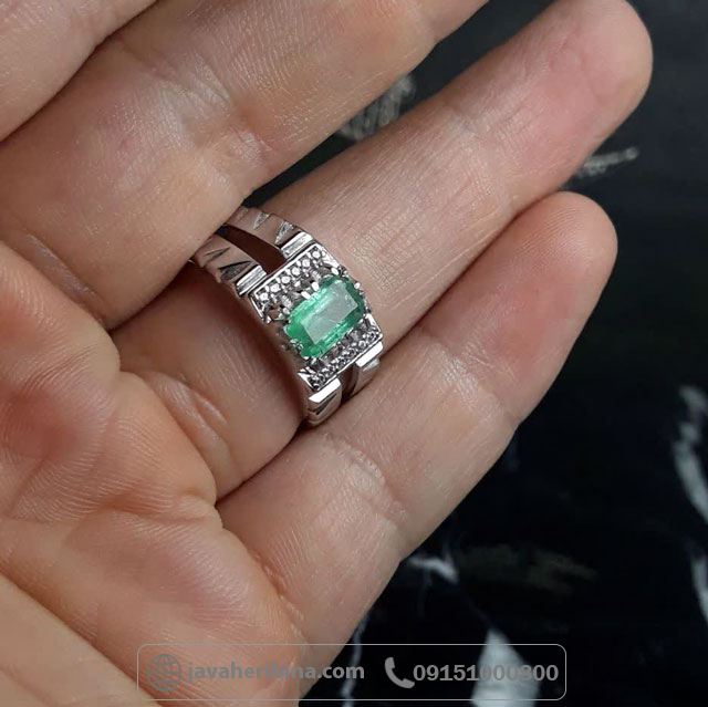 انگشتر زمرد زامبیا نقره مردانه با روکش روردیوم _کد:35695