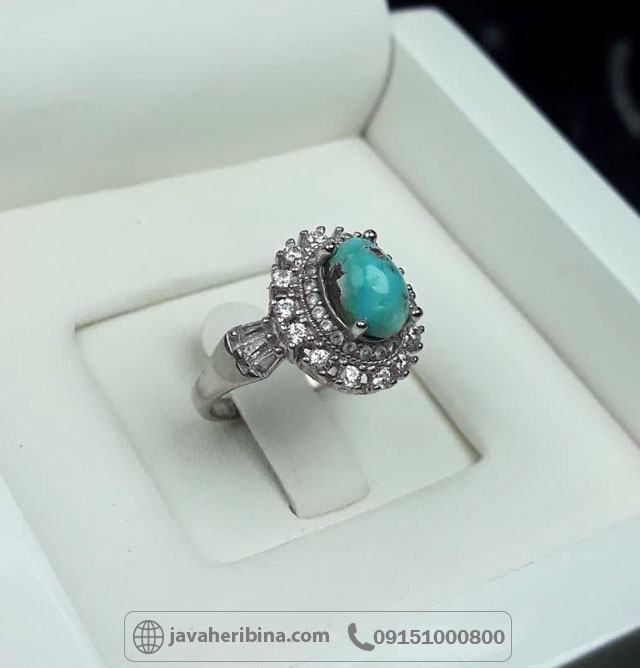 انگشتر فیروزه نیشابوری نقره زنانه رودیوم طرح خورشید _کد:35718
