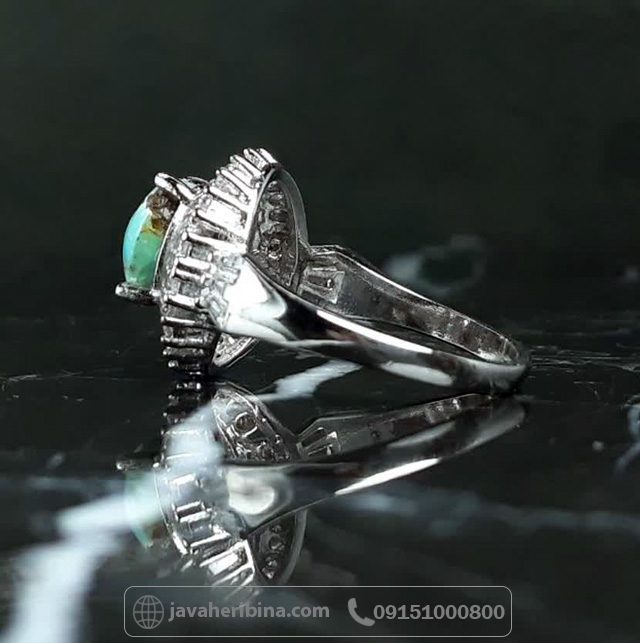 انگشتر فیروزه نیشابوری نقره زنانه رودیوم طرح خورشید _کد:35718
