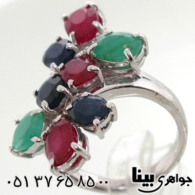 انگشتر چند جواهر یاقوت سرخ و کبود و زمرد زنانه
