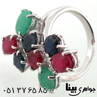 انگشتر چند جواهر یاقوت سرخ و کبود و زمرد زنانه